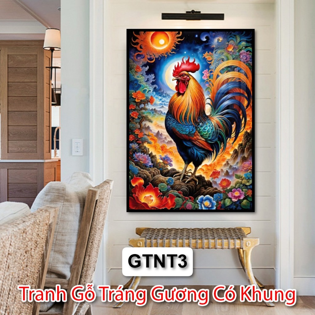 Tranh Gỗ Gà Trống Tráng Gương Có Khung - Tranh Nghệ Thuật Hiện Đại Trang Trí Phòng Khách