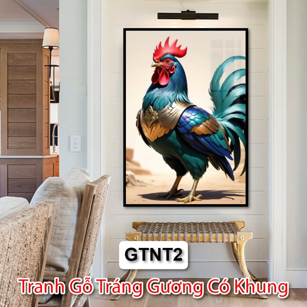 Tranh Gỗ Gà Trống Tráng Gương Có Khung - Tranh Nghệ Thuật Hiện Đại Trang Trí Phòng Khách