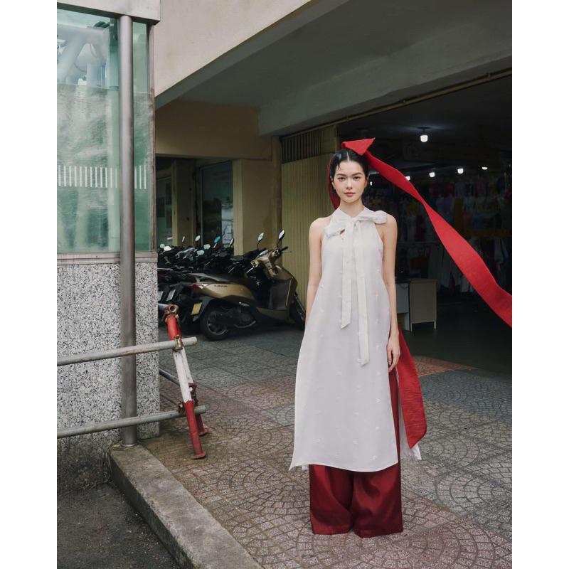 (KHÔNG KÈM QUẦN VÀ NƠ CÀI ĐẦU) Remmus - Áo dài Nhật Sen | Áo dài cách điệu thắt nơ hoa women  (TẶNG BAO LÌ XÌ)