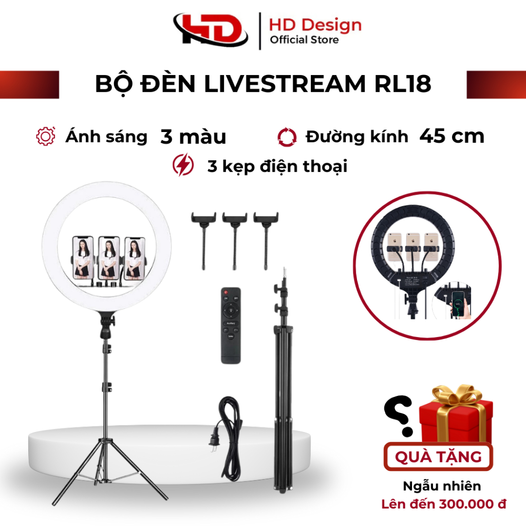 Bộ Đèn Live Stream RL 18 Size 45cm + Chân Đèn + Kẹp Điện Thoại - Chính Hãng HD DESIGN