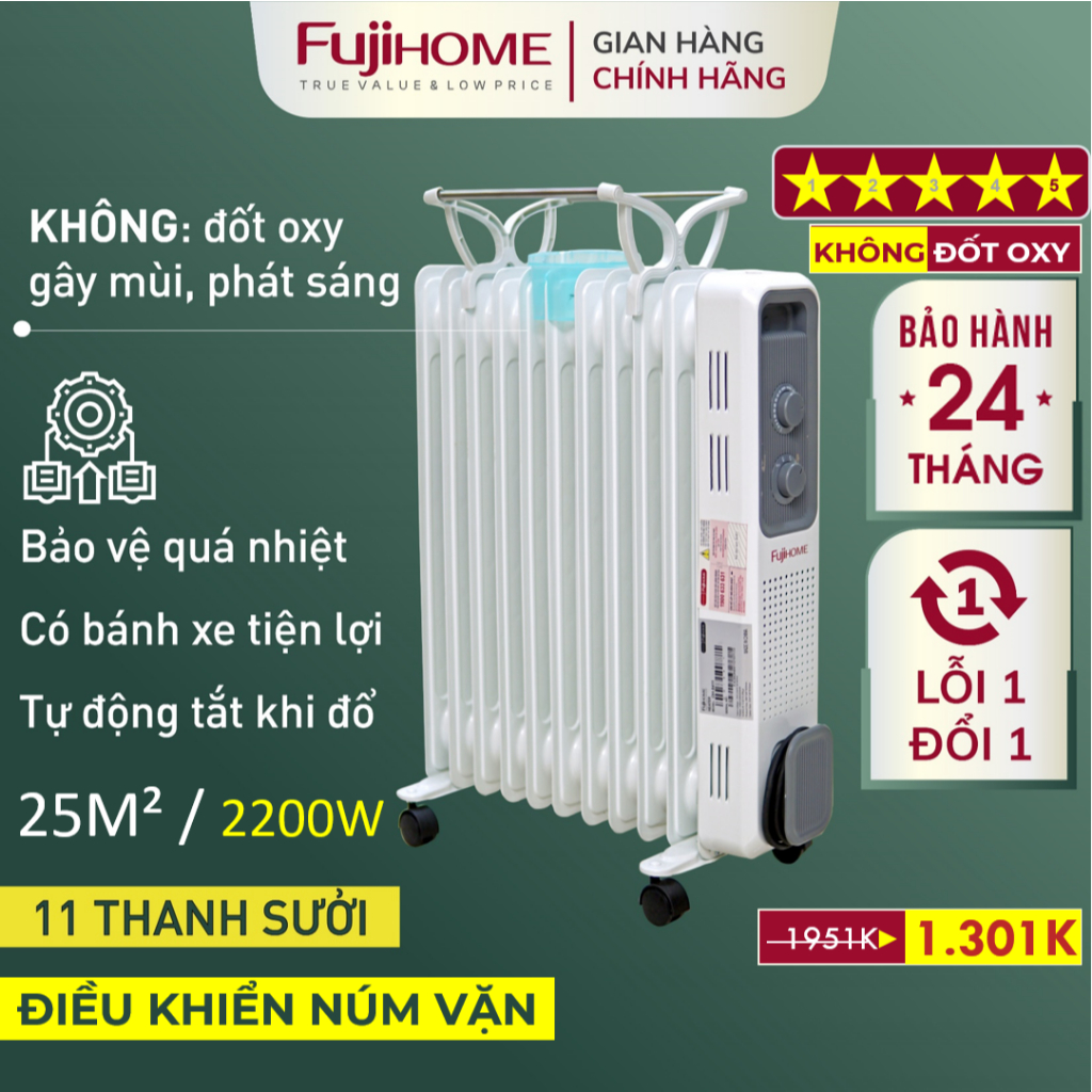 Máy sưởi dầu OH8411 Nhập Khẩu FUJIHOME 11 thanh, lò sưởi dùng điện tự ngắt không đốt oxy không khô da