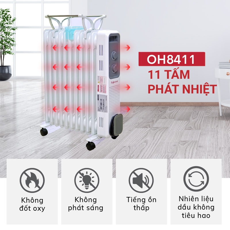 Máy sưởi dầu OH8411 Nhập Khẩu FUJIHOME 11 thanh, lò sưởi dùng điện tự ngắt không đốt oxy không khô da