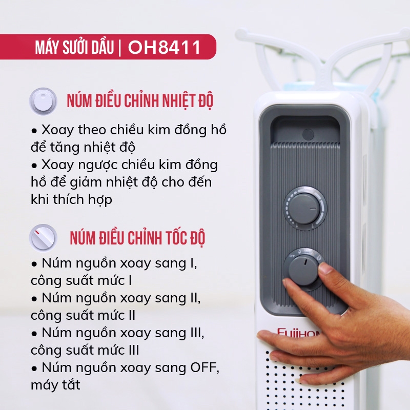 Máy sưởi dầu OH8411 Nhập Khẩu FUJIHOME 11 thanh, lò sưởi dùng điện tự ngắt không đốt oxy không khô da