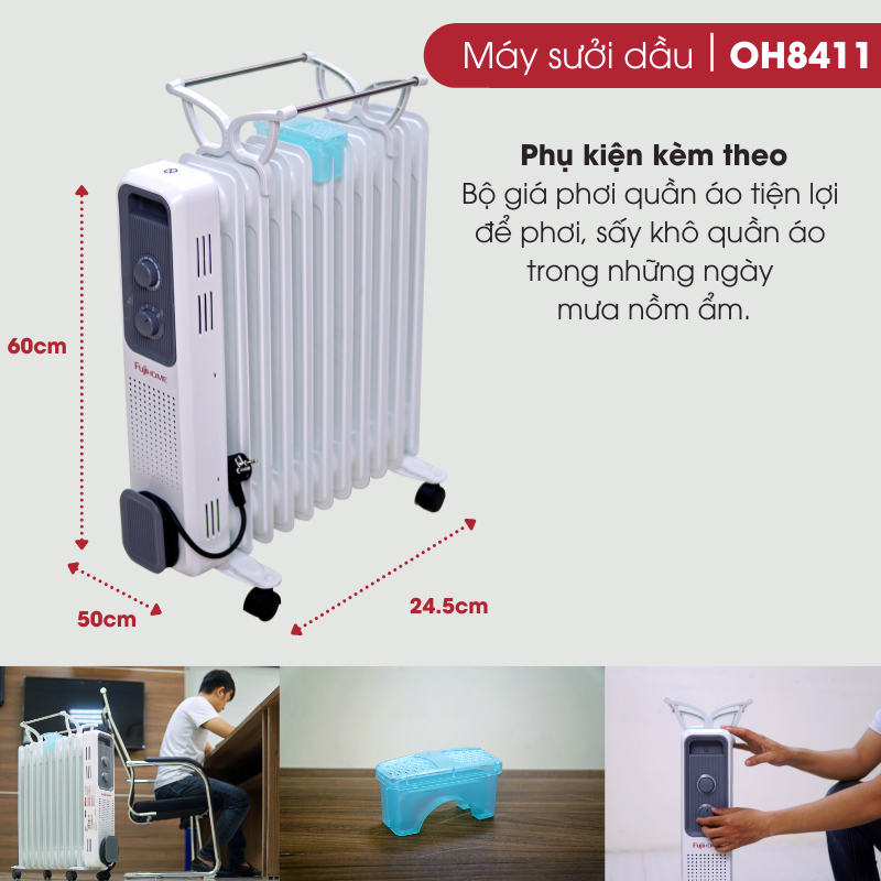 Máy sưởi dầu OH8411 Nhập Khẩu FUJIHOME 11 thanh, lò sưởi dùng điện tự ngắt không đốt oxy không khô da
