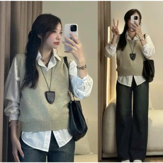 Áo gile len nữ lông thỏ cổ V form vừa - 247store