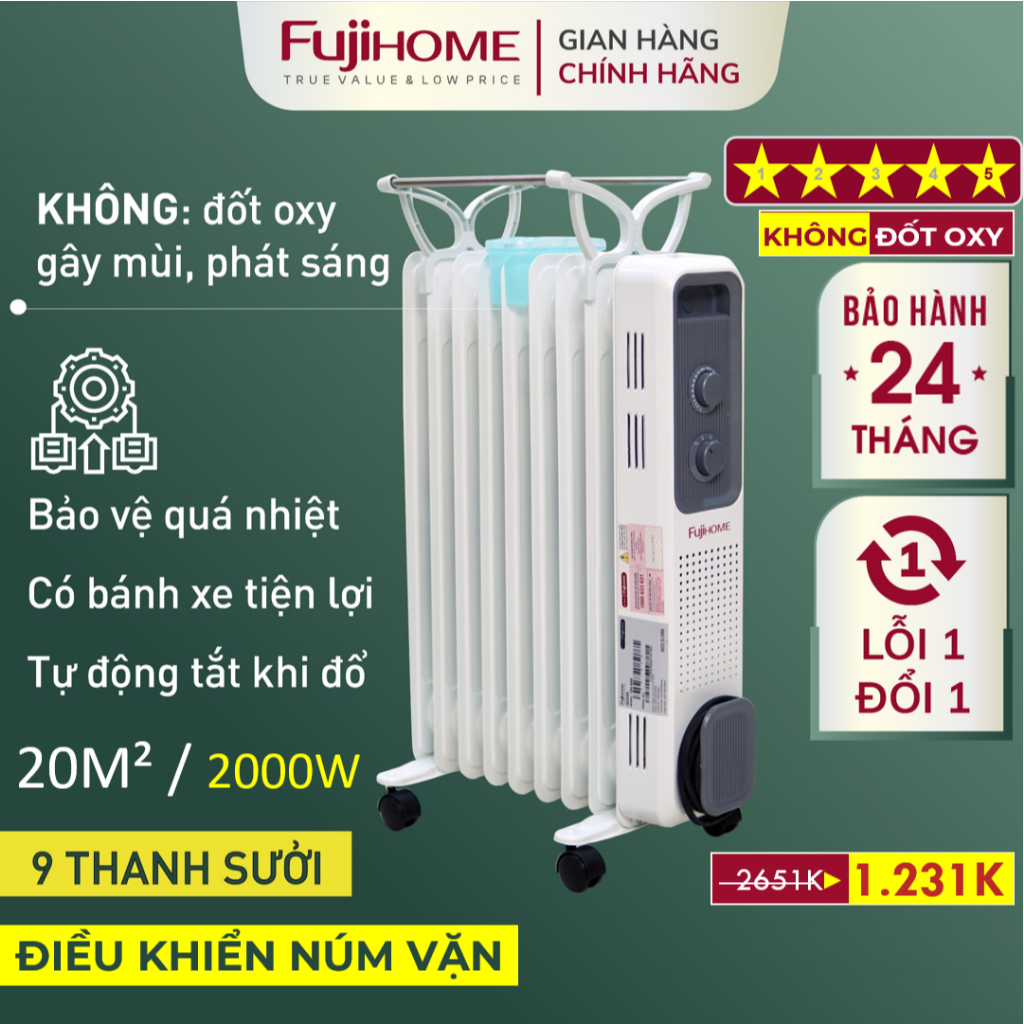 Máy sưởi dầu Nhập Khẩu không khô da OH849 FUJIHOME, lò sưởi dùng điện tự ngắt không đốt oxy