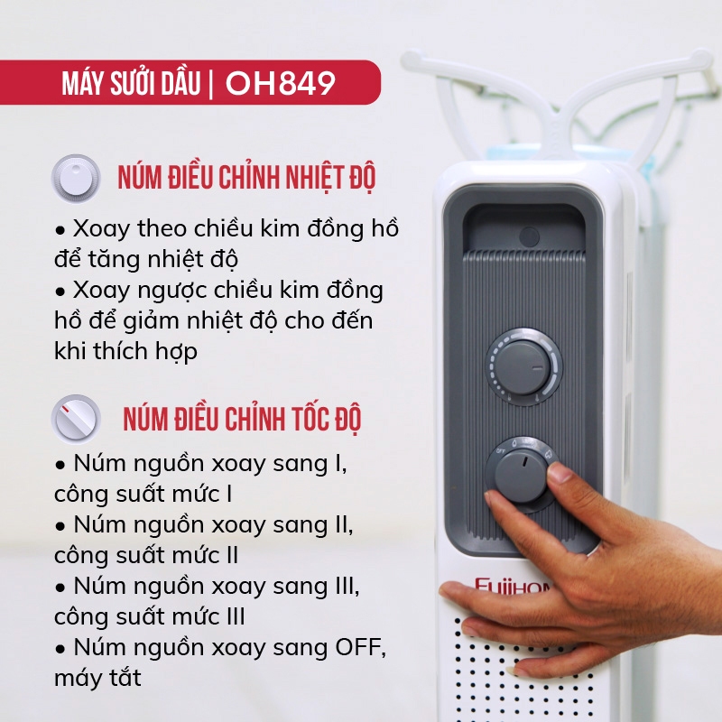 Máy sưởi dầu Nhập Khẩu không khô da OH849 FUJIHOME, lò sưởi dùng điện tự ngắt không đốt oxy