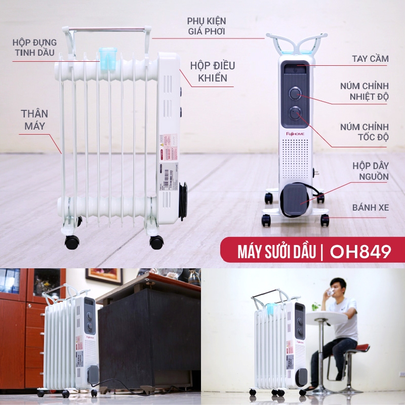 Máy sưởi dầu Nhập Khẩu không khô da OH849 FUJIHOME, lò sưởi dùng điện tự ngắt không đốt oxy