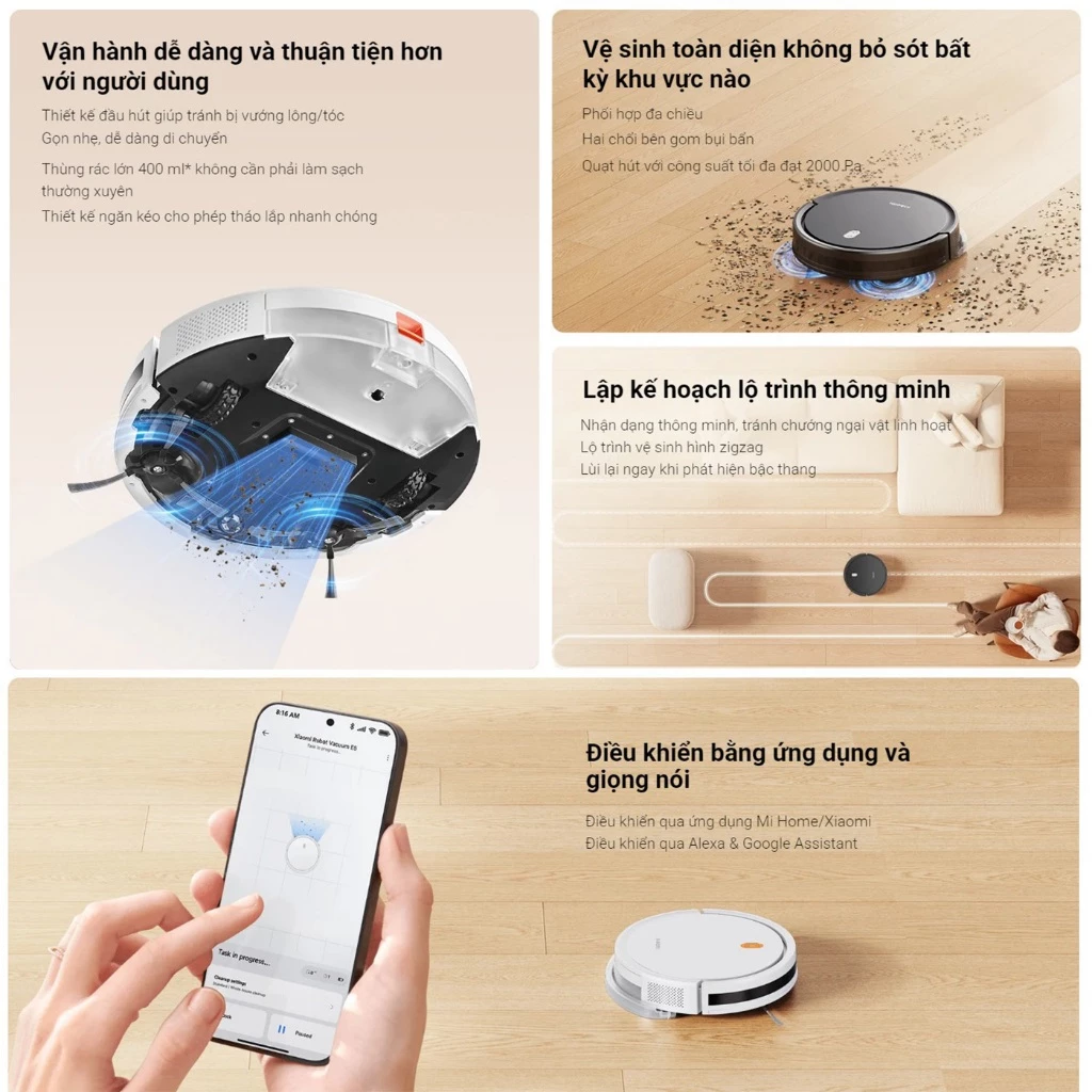Xiaomi Vacuum E5 Robot Hút Bụi Thông Minh - Lực hút 2000Pa, 150m2 - Ba Cấp Độ Hút