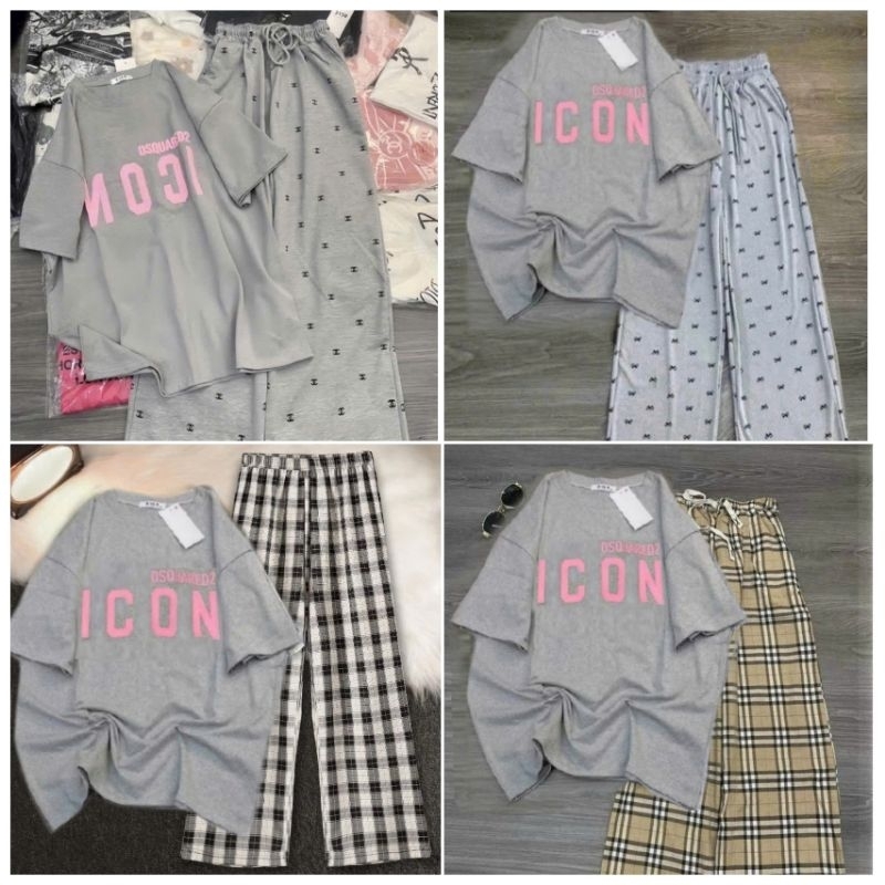 [ Rẻ Vô Địch ] Tổng Hợp Các Sét Bộ Quần Suông + Mix Áo Phông Form Rộng Tay Lỡ Chữ ICON Xám