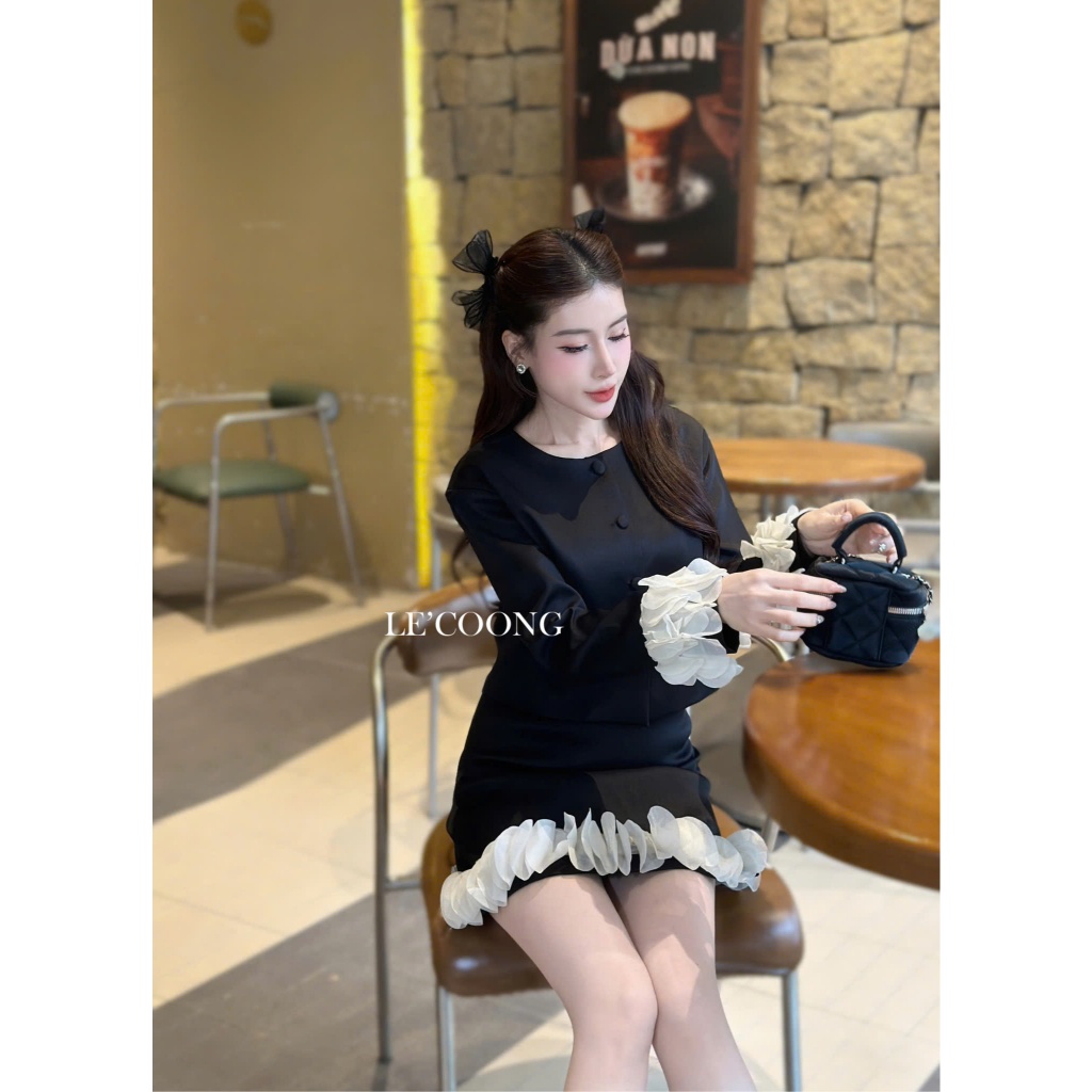 Ảnh Set Dáng Ngắn Phối Ren Trắng LECOONG B180 Đầm Tiểu Thư Sang Chảnh Màu Đen 3