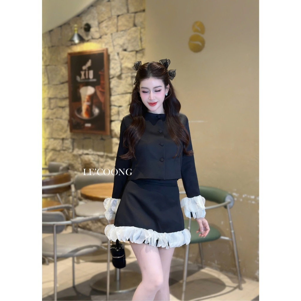 Ảnh Set Dáng Ngắn Phối Ren Trắng LECOONG B180 Đầm Tiểu Thư Sang Chảnh Màu Đen 4