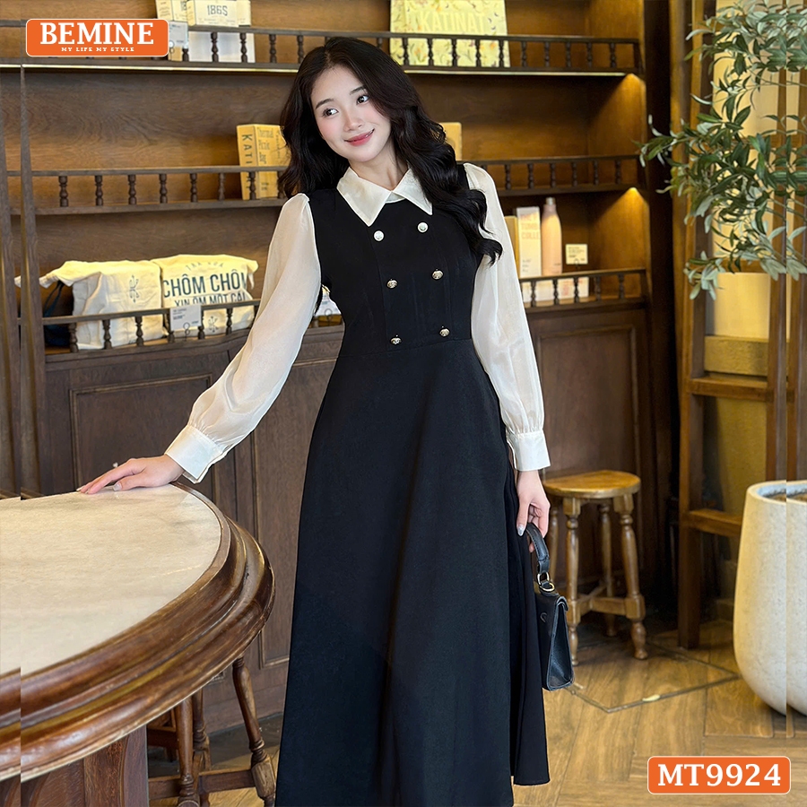 Ảnh Đầm thiết kế BEMINE cổ đức dáng chữ A tay dài phối voan có cúc phù hợp đi làm, đi chơi-MT9924 1
