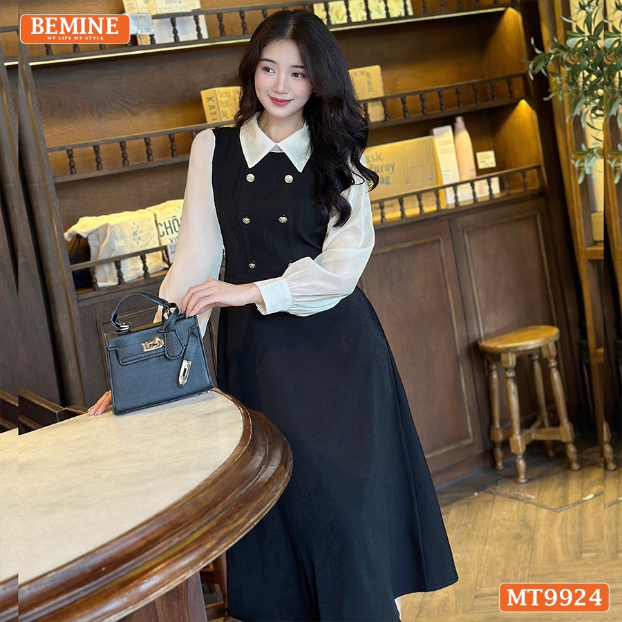Ảnh Đầm thiết kế BEMINE cổ đức dáng chữ A tay dài phối voan có cúc phù hợp đi làm, đi chơi-MT9924 4