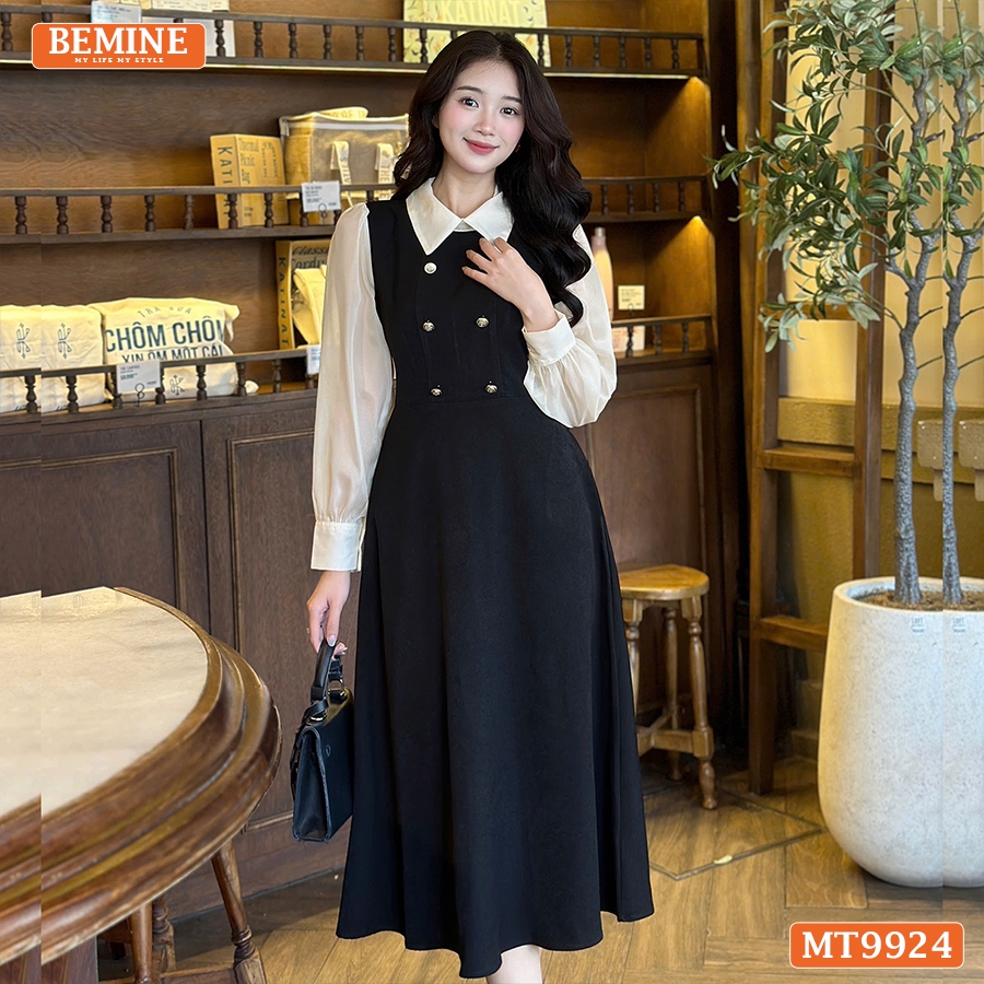 Ảnh Đầm thiết kế BEMINE cổ đức dáng chữ A tay dài phối voan có cúc phù hợp đi làm, đi chơi-MT9924 3