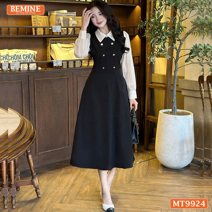 Ảnh Đầm thiết kế BEMINE cổ đức dáng chữ A tay dài phối voan có cúc phù hợp đi làm, đi chơi-MT9924 2