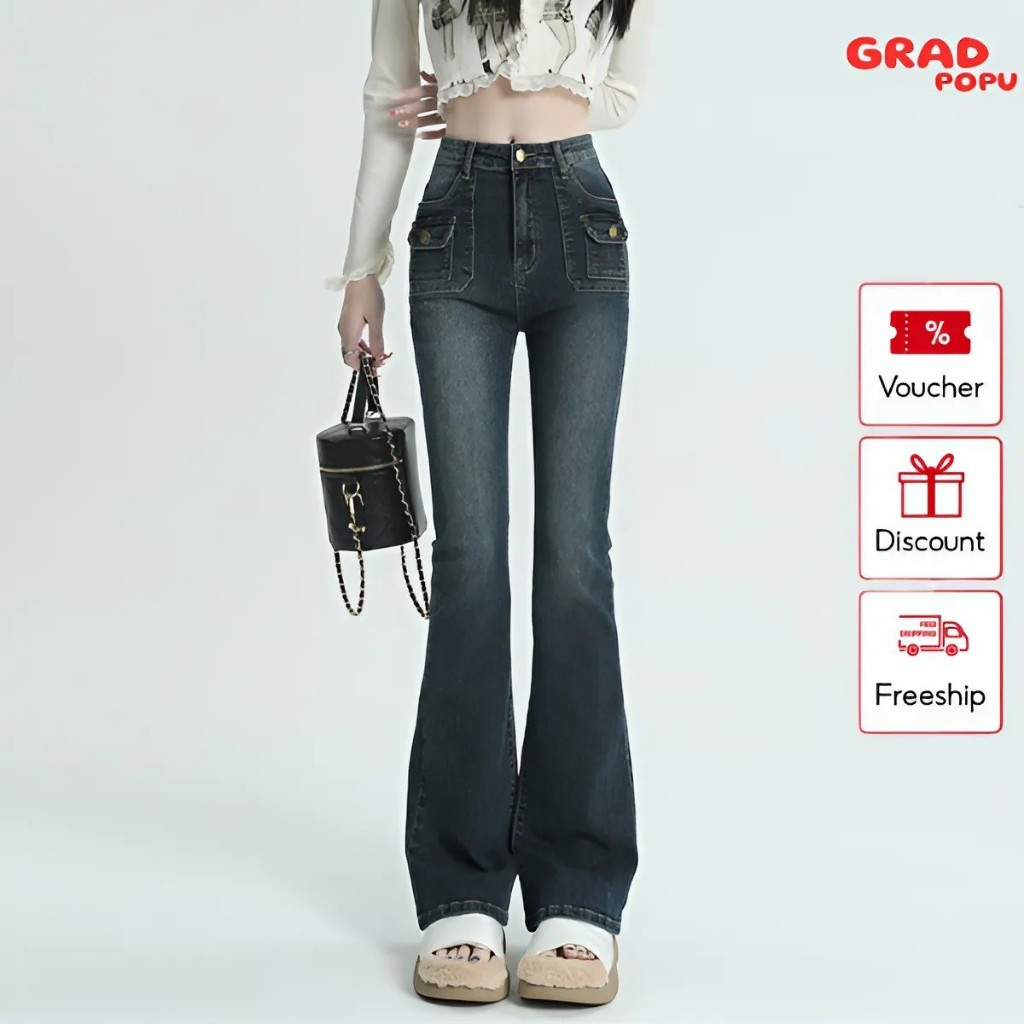 Quần jean nữ ống loe cạp cao GRADPOPU PQJ02 thiết kế 2 túi hộp bắt mắt co giãn hack dáng