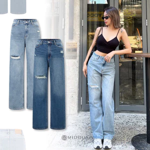 MIDDUA - JN190 Quần suông jean ống đứng, rách nhẹ
