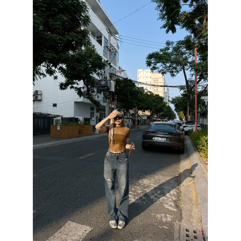 MIDDUA - JN190 Quần suông jean ống đứng, rách nhẹ