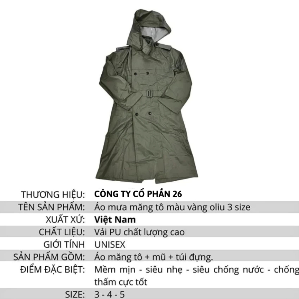Áo Mưa Măng Tô Màu Vàng Cỏ Úa bền chống nước chống rét 3 size bộ 3 món
