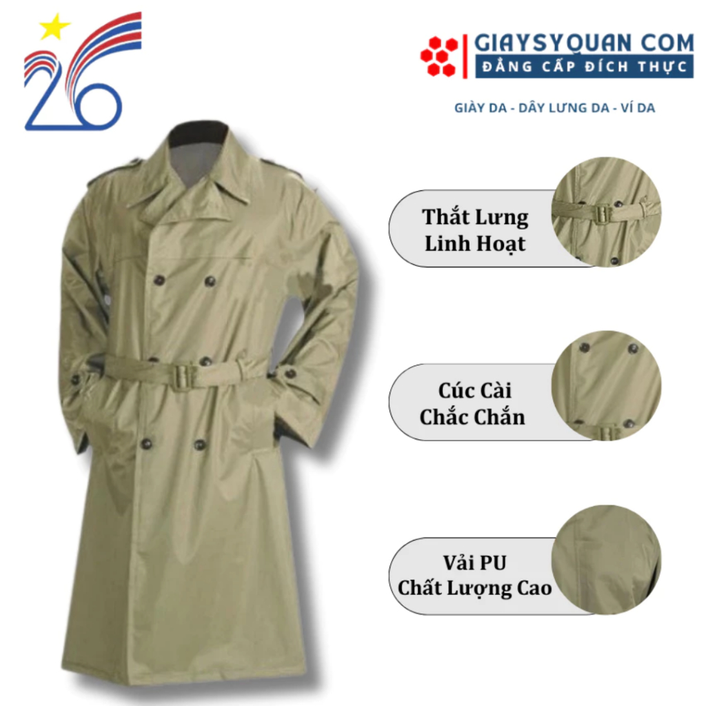 Áo Mưa Măng Tô Màu Vàng Cỏ Úa bền chống nước chống rét 3 size bộ 3 món