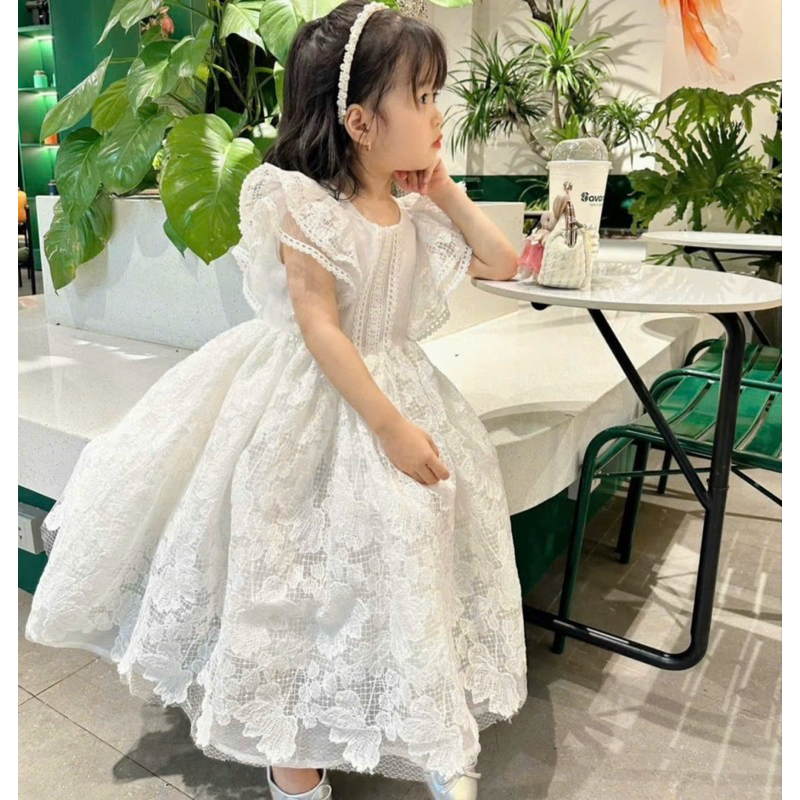 DL48 Váy trắng công chúa cho bé diệu linh shop kids - váy thiết kế chất ren chỉ mềm mịn thoáng mát  size 9-40kg