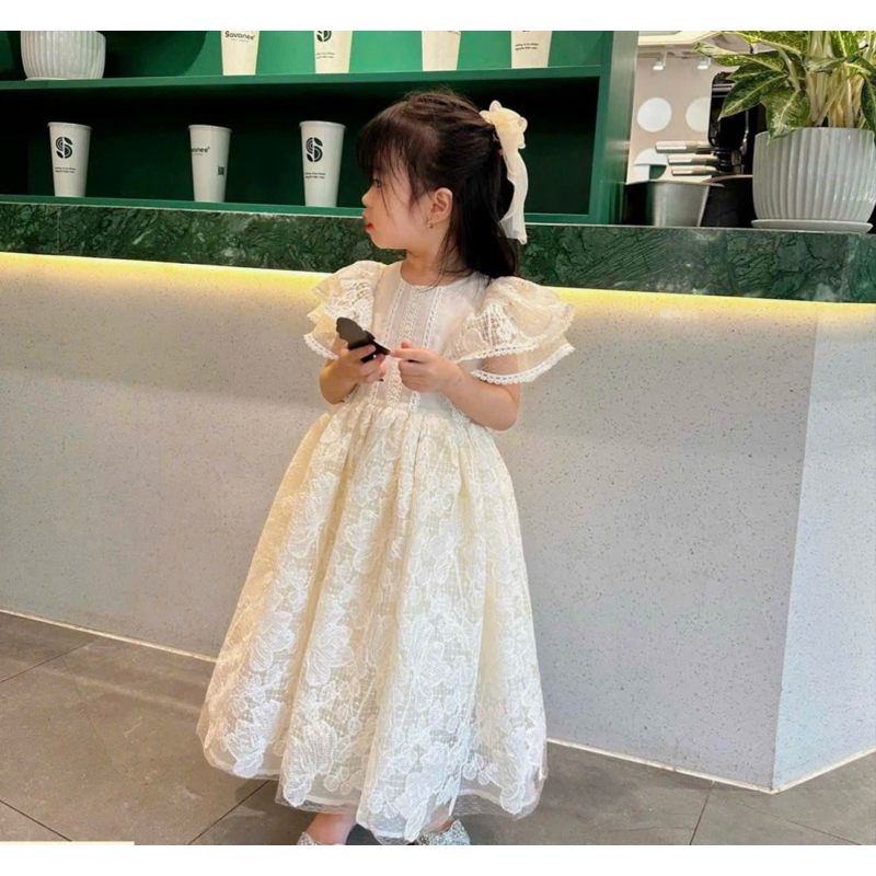 DL48 Váy trắng công chúa cho bé diệu linh shop kids - váy thiết kế chất ren chỉ mềm mịn thoáng mát  size 9-40kg