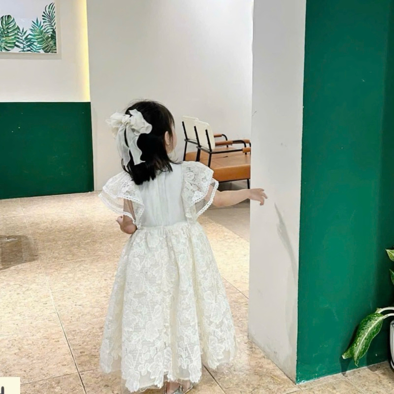 DL48 Váy trắng công chúa cho bé diệu linh shop kids - váy thiết kế chất ren chỉ mềm mịn thoáng mát  size 9-40kg