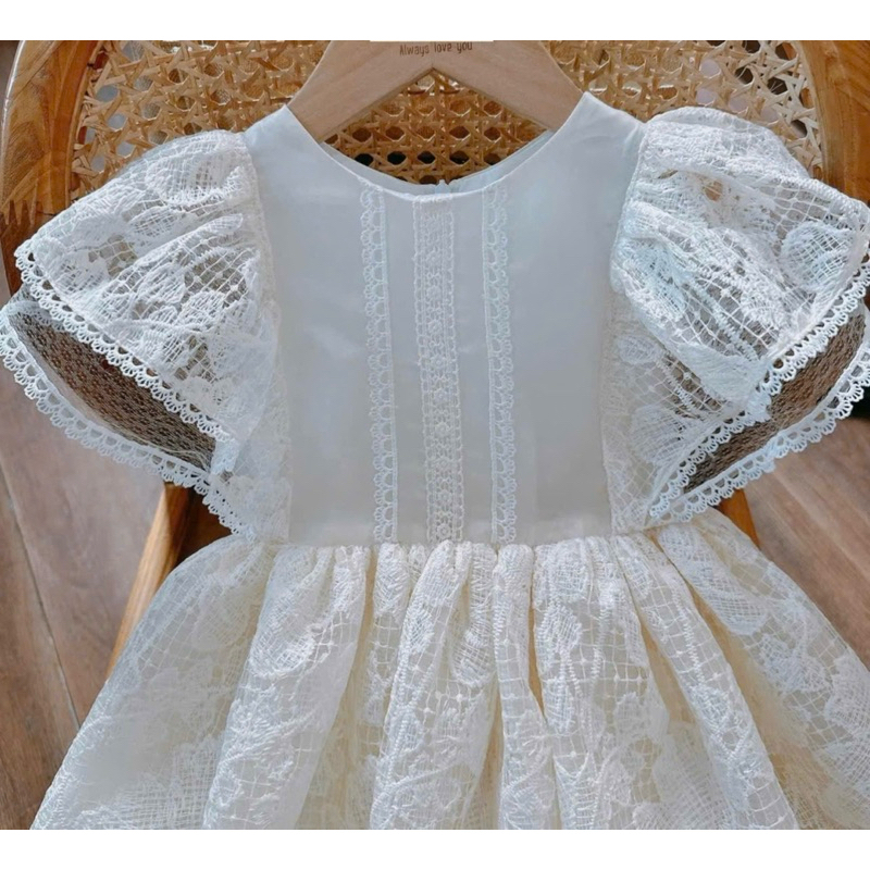 DL48 Váy trắng công chúa cho bé diệu linh shop kids - váy thiết kế chất ren chỉ mềm mịn thoáng mát  size 9-40kg