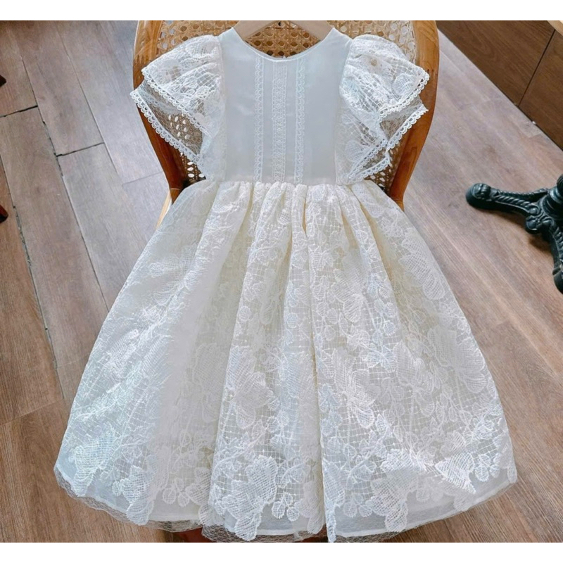 DL48 Váy trắng công chúa cho bé diệu linh shop kids - váy thiết kế chất ren chỉ mềm mịn thoáng mát  size 9-40kg