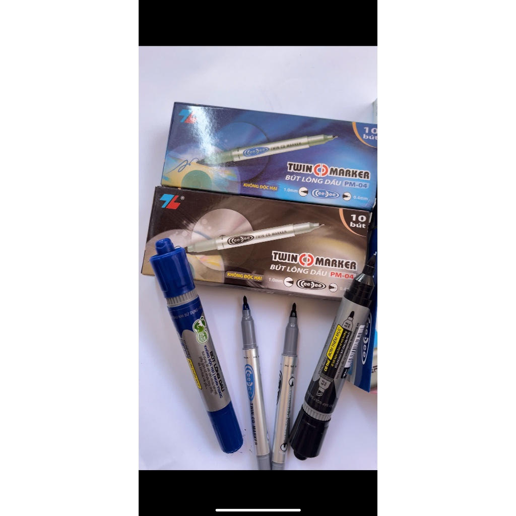 Bút lông dầu 2 đầu bút Thiên Long PM-09 hộp 10 bút mực nhanh khô, ra đều, bám dính tốt thích hợp cho văn phòng, học sinh