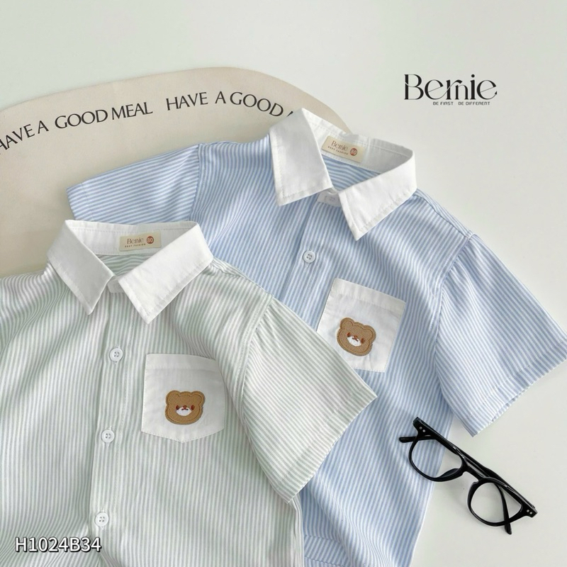Áo sơ mi cộc tay Bernie Style Hàn cho bé trai, Áo sơ mi cộc tay cho bé trai chất liệu thô mềm 9-24kg