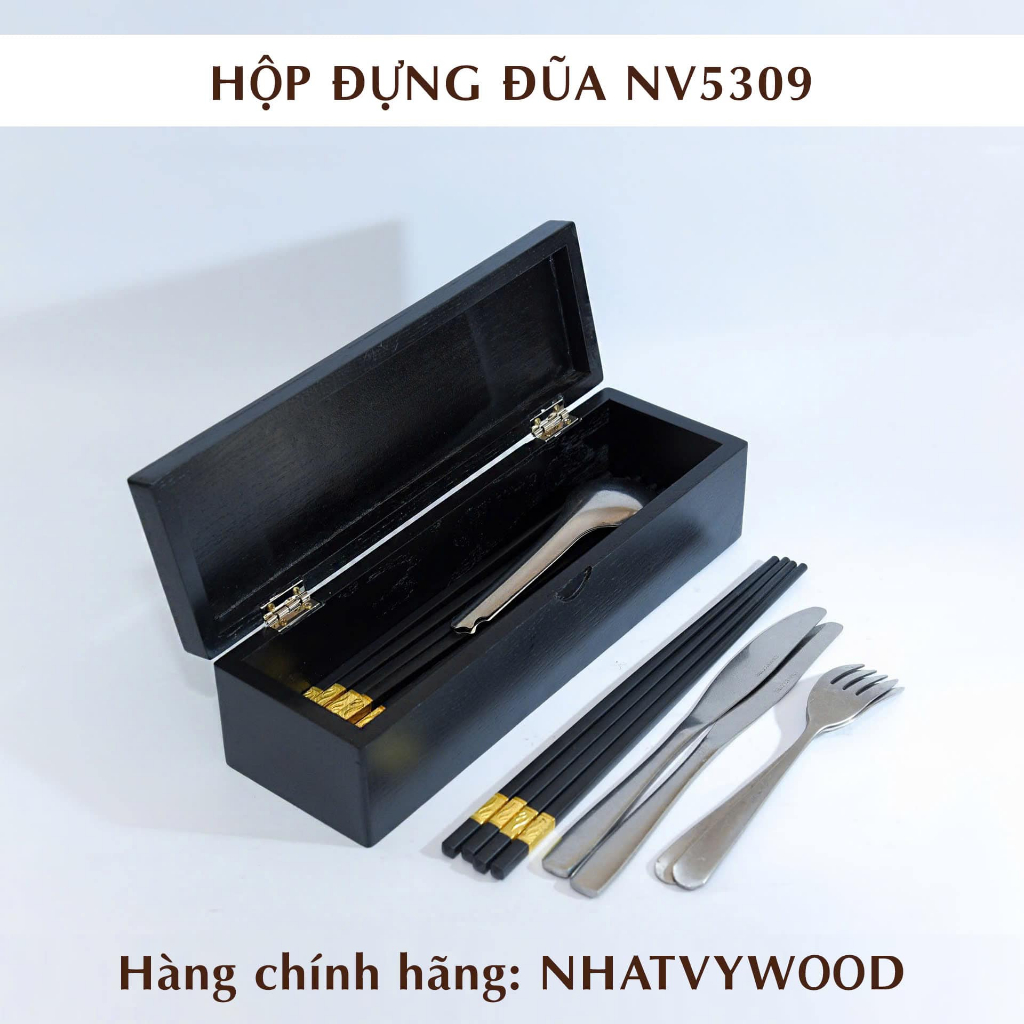 Hộp đựng đũa muỗng có nắp đậy bằng gỗ màu đen nhỏ gọn, Hộp đũa gỗ nhà hàng khách sạn NV5309B