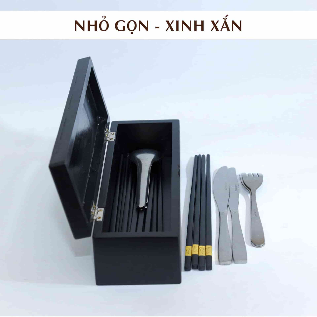 Hộp đựng đũa muỗng có nắp đậy bằng gỗ màu đen nhỏ gọn, Hộp đũa gỗ nhà hàng khách sạn NV5309B