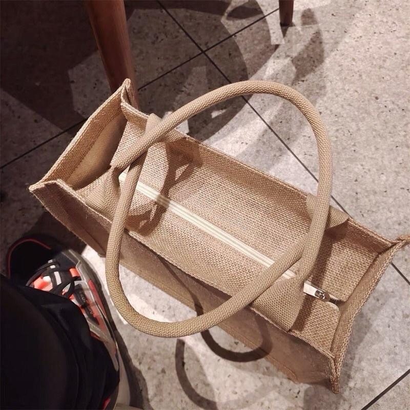 Túi cói bố trơn  quai nâu kích thước vừa vặn🐑