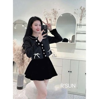 Set Bộ Đồ Nữ Áo Dạ Nhũ 2 Lớp Phối Nhung Cổ Sen Viền Trắng Đính Nơ Giả Túi Mix Chân Váy Nhung Xếp Ly Freesize
