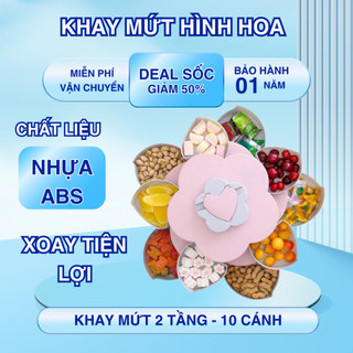 Khay Mứt Tết 2 Tầng Xoay 360 Độ Nhựa Cao Cấp, Hộp Đựng Mứt Bánh Kẹo Tết Hình Hoa 10 Cánh