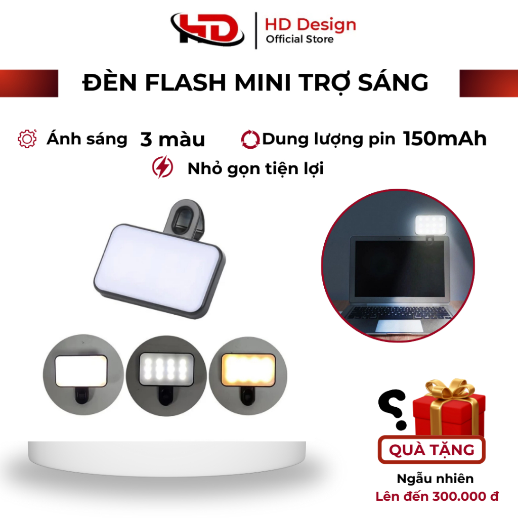 Đèn Flash Mini Hỗ Trợ Ánh Sáng Chụp Ảnh, Quay Phim phụ kiện có kèm dây sạc và 3 chế độ màu sáng - HD Design