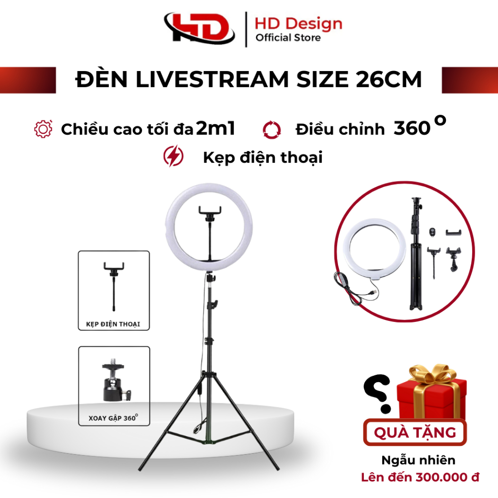 Đèn Livestream Size 26cm+Chân Đèn+Kẹp, Hỗ Trợ Quay Video, Make Up, Phun Xăm - Chính Hãng HD DESIGN