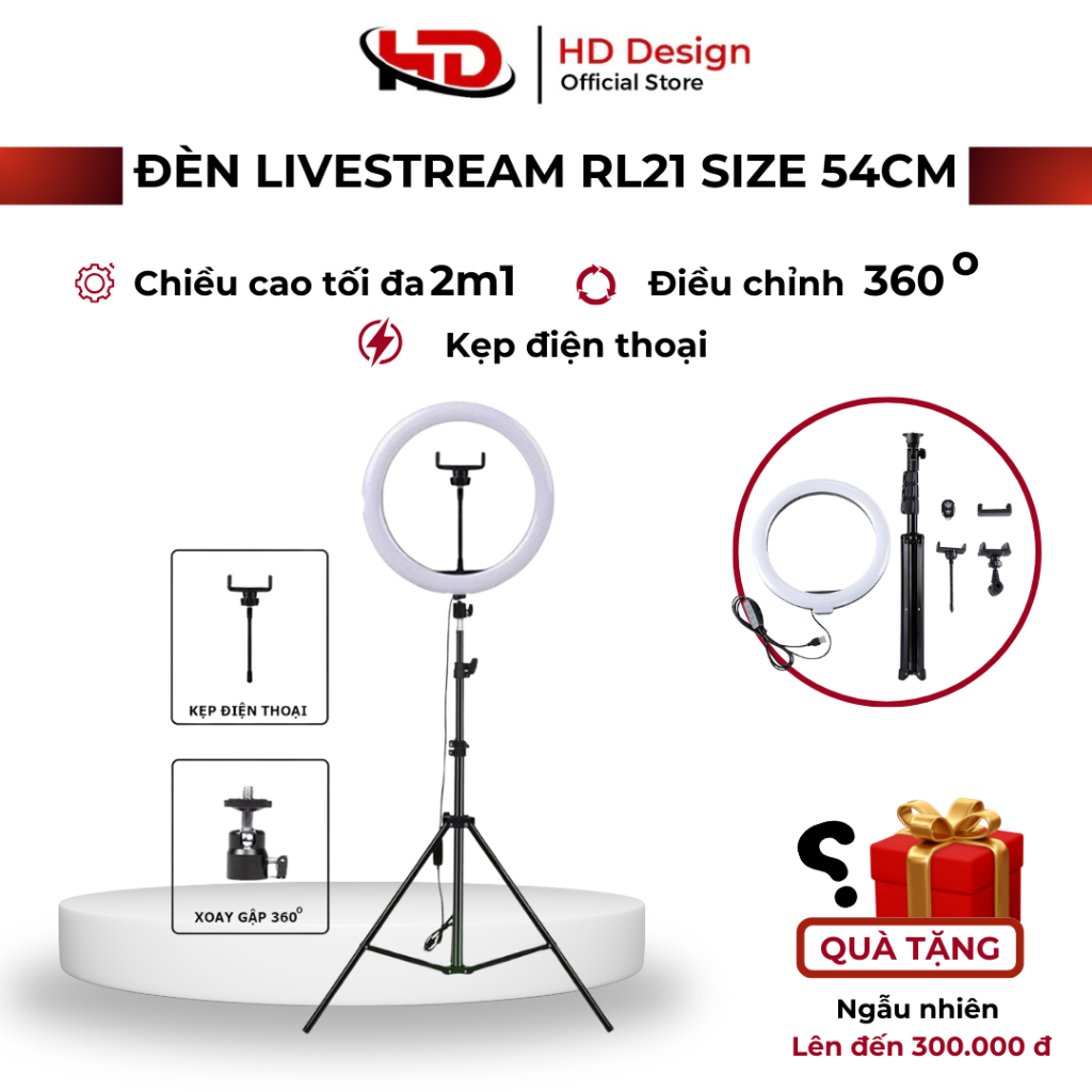 Bộ Đèn Livestream RL21 Size 54cm + Chân Đèn + Kẹp Điện Thoại - Cực Chắc Chắn- Hỗ trợ Makeup Quay Video