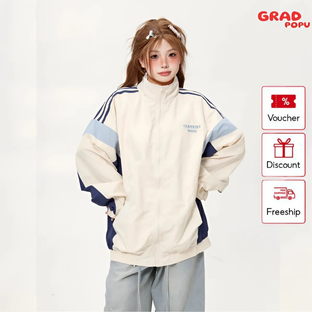 Áo khoác gió nữ 2 lớp GRADPOPU PAK25 cổ đứng dáng dài rộng bo chun trùm mông chắn gió chống nắng đa năng