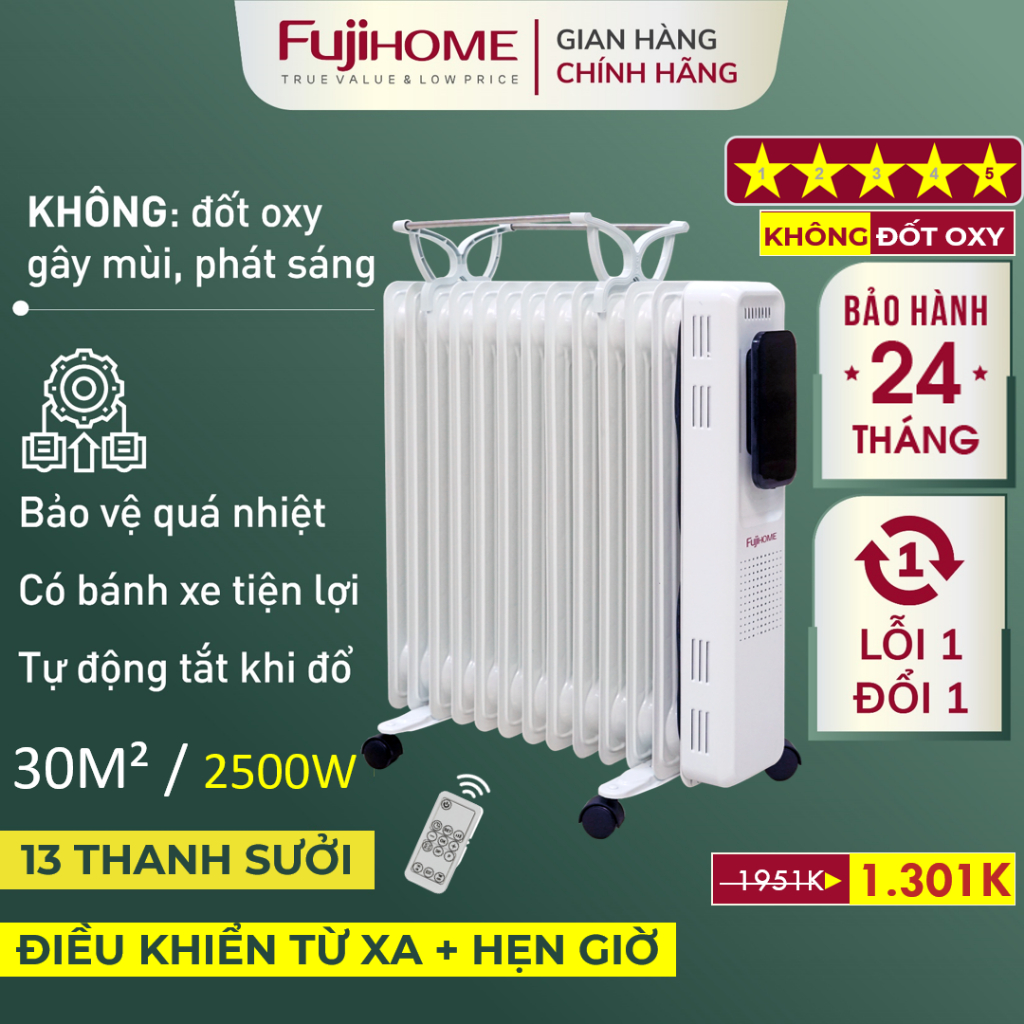 Máy sưởi dầu OH8613 Nhập Khẩu không khô da FUJIHOME, lò sưởi phòng ko đốt oxy điều khiển từ xa heaters fin