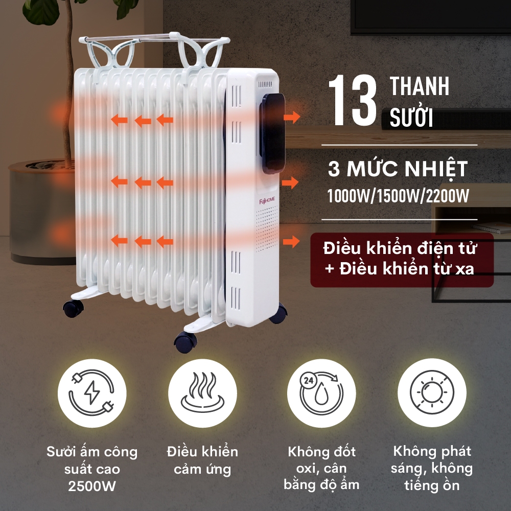 Máy sưởi dầu OH8613 Nhập Khẩu không khô da FUJIHOME, lò sưởi phòng ko đốt oxy điều khiển từ xa heaters fin