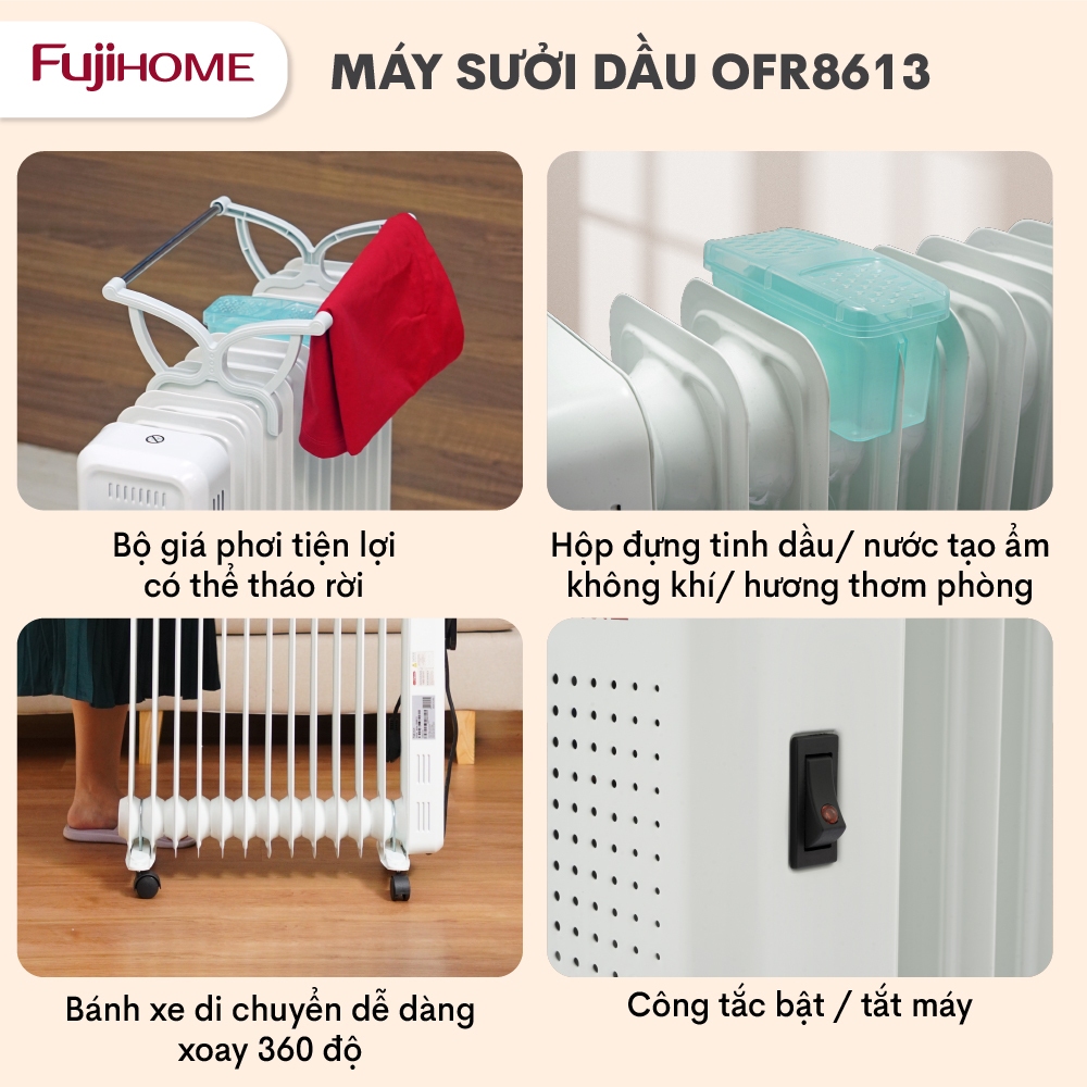 Máy sưởi dầu OH8613 Nhập Khẩu không khô da FUJIHOME, lò sưởi phòng ko đốt oxy điều khiển từ xa heaters fin