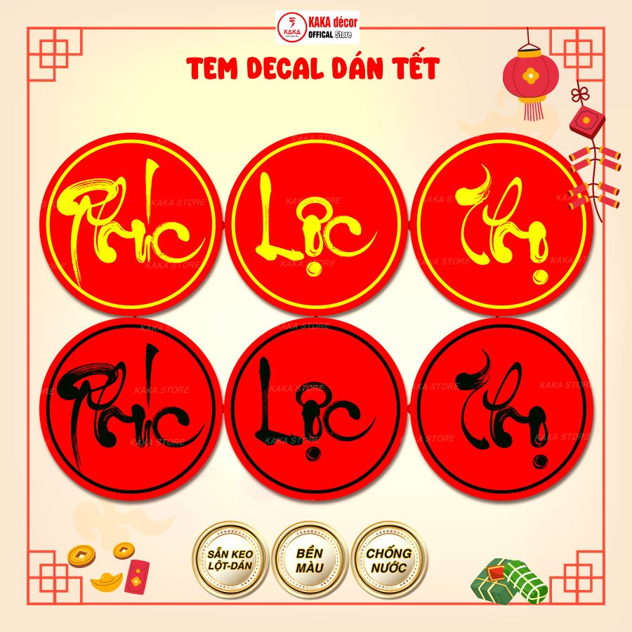 [LẺ] Tem Tết Chữ PHÚC, LỘC, THỌ, TẾT, XUÂN, AN Chữ Thư Pháp Hình Tròn ...