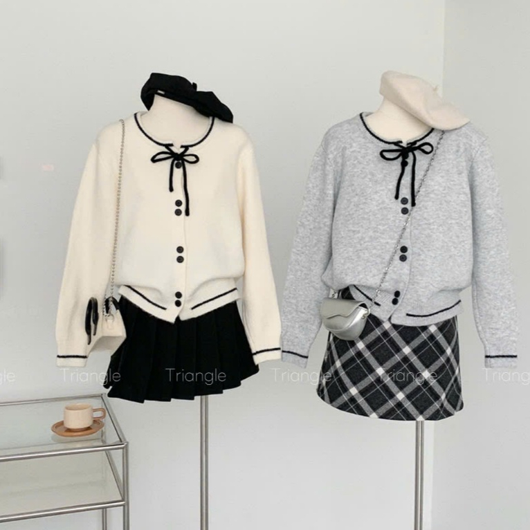 Triangle - (Giá thanh lý không hoàn) Black ribbon knitted Áo len cardidan dày dặn buộc nơ màu đen
