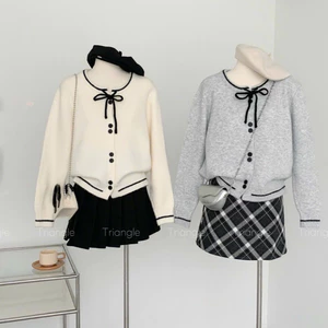 Triangle - (Giá thanh lý không hoàn) Black ribbon knitted Áo len cardidan dày dặn buộc nơ màu đen