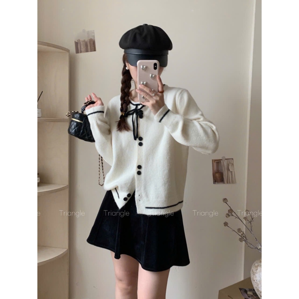 Triangle - (Giá thanh lý không hoàn) Black ribbon knitted Áo len cardidan dày dặn buộc nơ màu đen