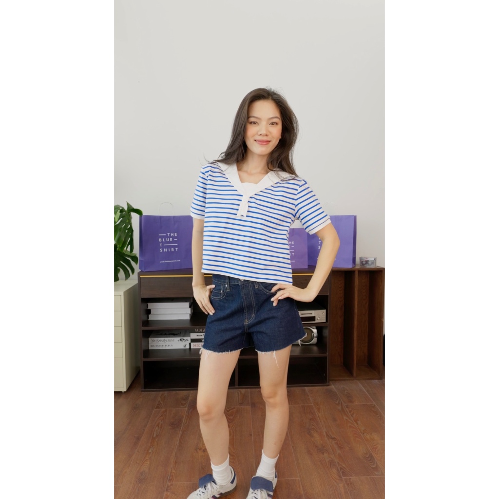 TheBlueTshirt - Áo thun sọc cổ V viền trắng thắt nơ cho nữ - Sailor T - Women