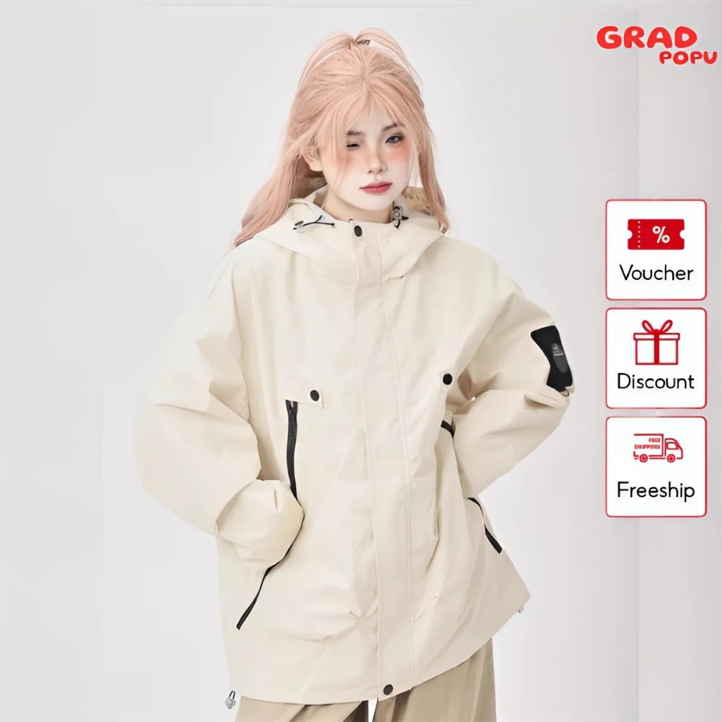Áo khoác gió nữ có mũ GRADPOPU PAK26 cổ đứng dáng dài rộng dày trùm mông chắn gió chống nắng đa năng